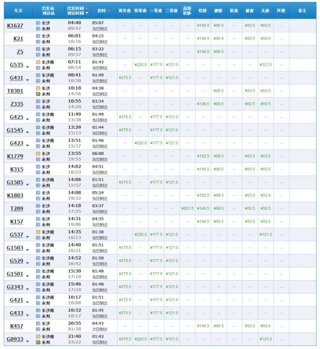 长沙至永州高铁火车时刻表,最新长沙至广州高铁时刻表