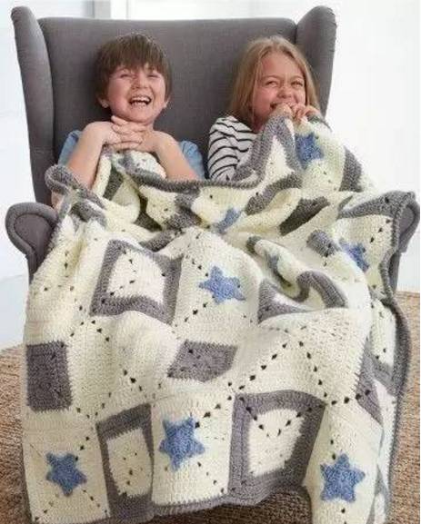 钩针拼花四叶草祖母方格毯,初学钩针100款盖毯教程