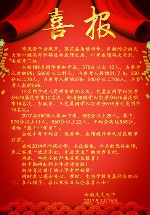 中考哪家强？昆明各大中学成绩出炉！第一名总分594分！