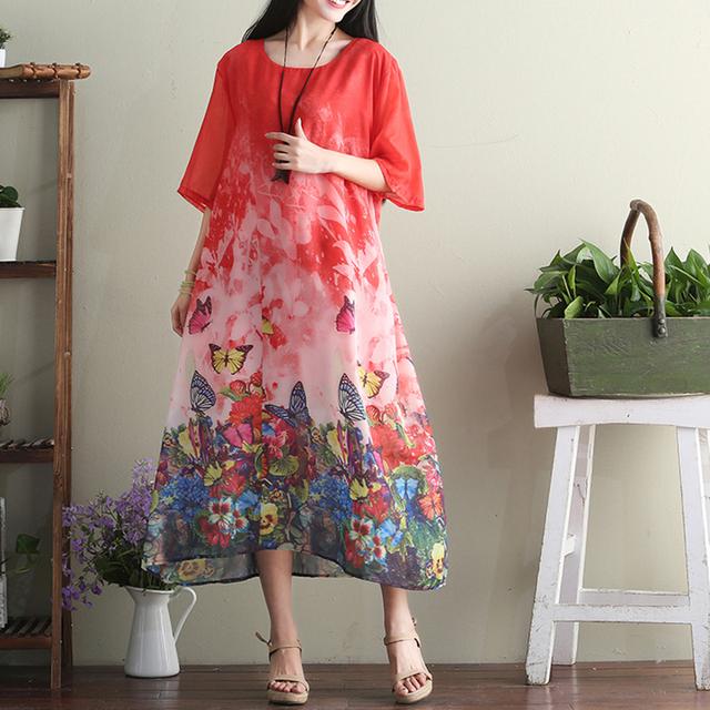 民族风大码碎花连衣裙，棉麻布料透气又时髦