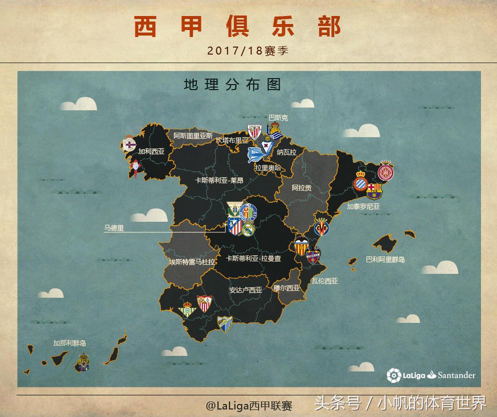 23-24赛季西甲球队城市分布图,西甲球队地图分布图