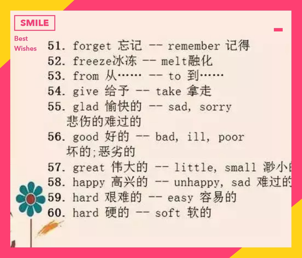 英语小升初单词反义词练习题,初中100个英语反义词大全