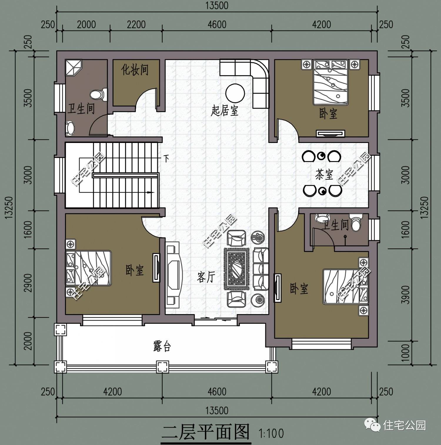 13*7米二层别墅,开间13米进深10米的二层半别墅