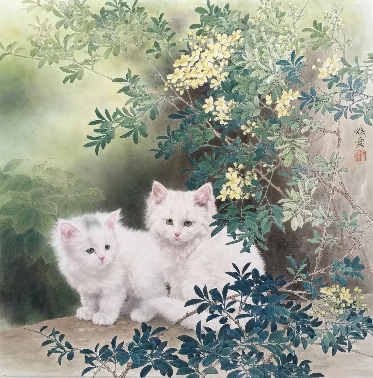 邢诚爱工笔猫扑蝶画法,邢诚爱工笔画猫白描底稿