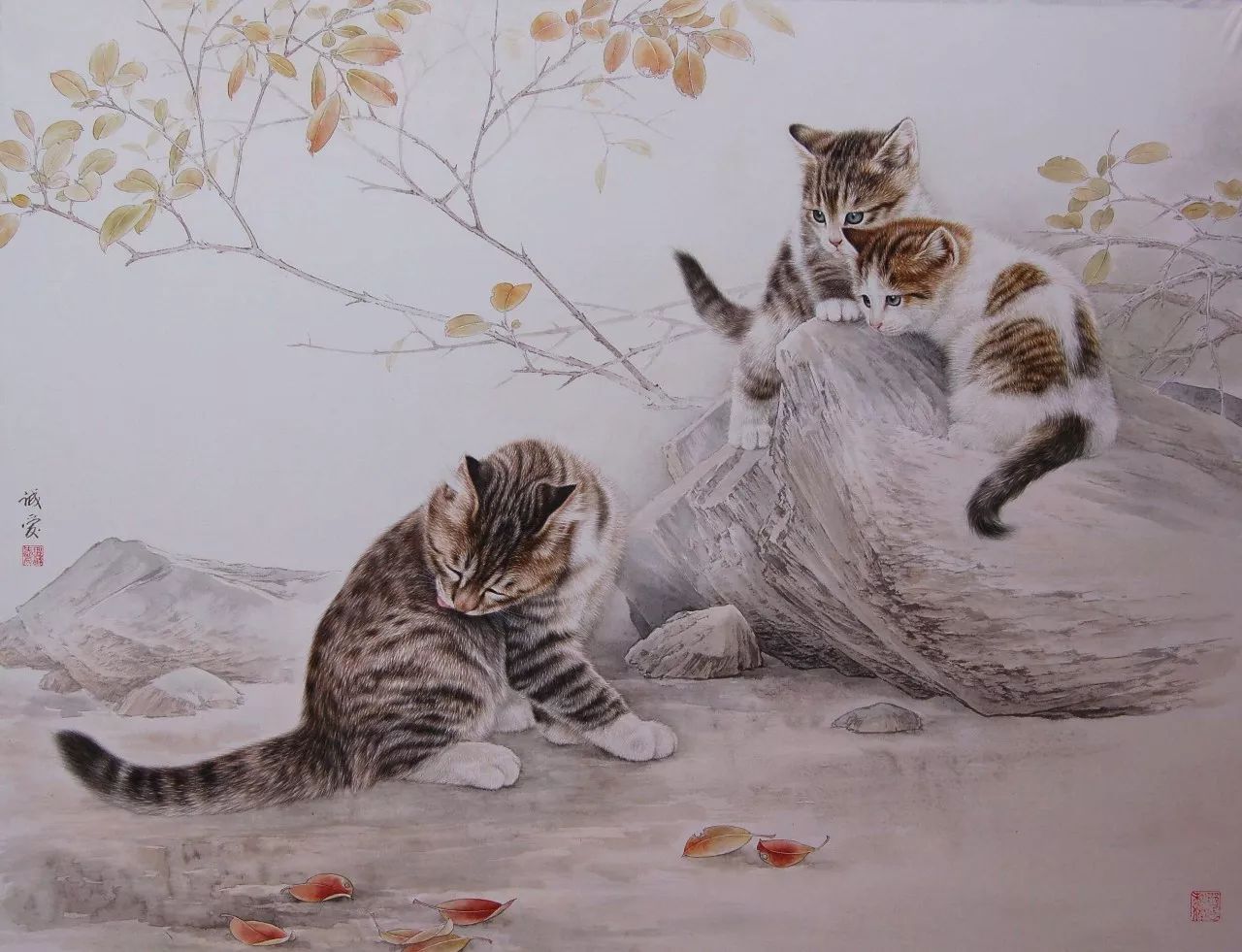 邢诚爱工笔猫扑蝶画法,邢诚爱工笔画猫白描底稿