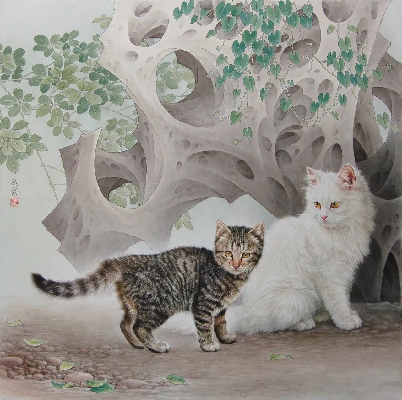 邢诚爱工笔猫扑蝶画法,邢诚爱工笔画猫白描底稿