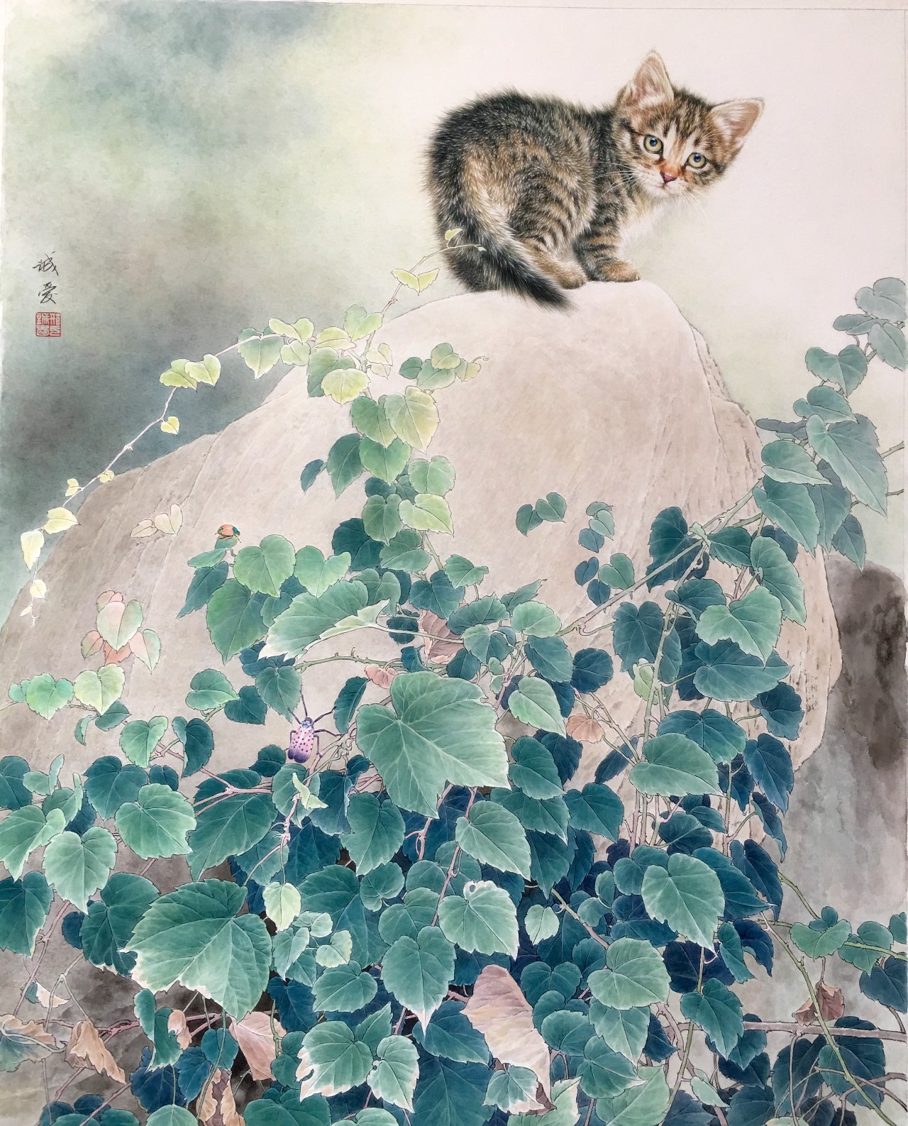邢诚爱工笔猫扑蝶画法,邢诚爱工笔画猫白描底稿