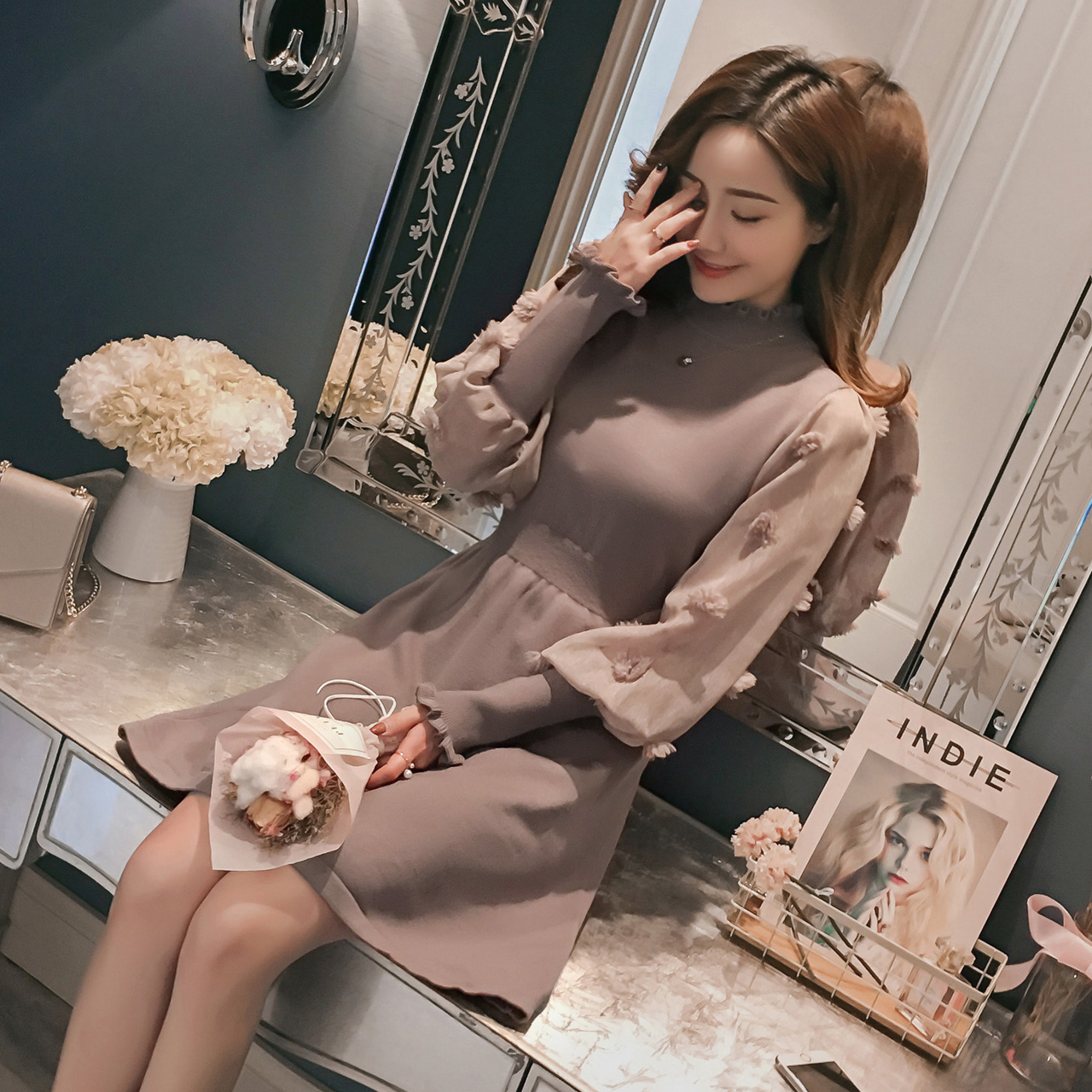 新款时尚休闲韩版翻领长袖衬衫,镂空绣花韩版潮流七分袖衬衫