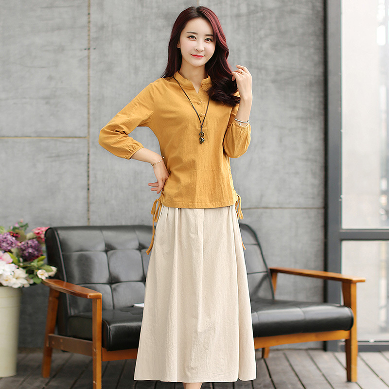 磨毛棉麻花边立领长裙,气质棉麻长裙