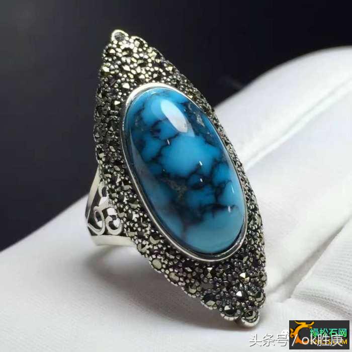 绿松石925银镶嵌吊坠,文玩戒指绿松石