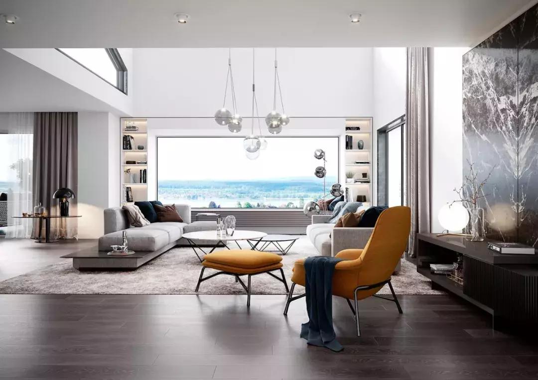 轻奢新中式挑空客厅效果图,挑空客厅极简设计案例