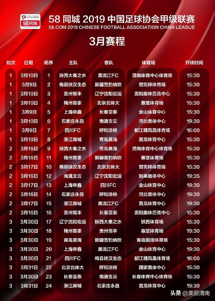 2019年中国足球甲级联赛赛程表,2019中国足球甲级联赛赛程