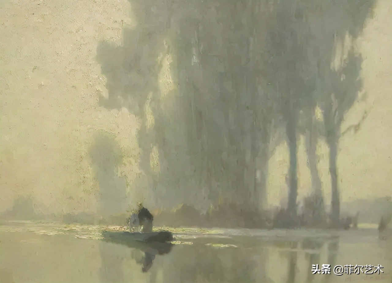 极简油画金色麦田和山,以红蓝为基调的风景油画