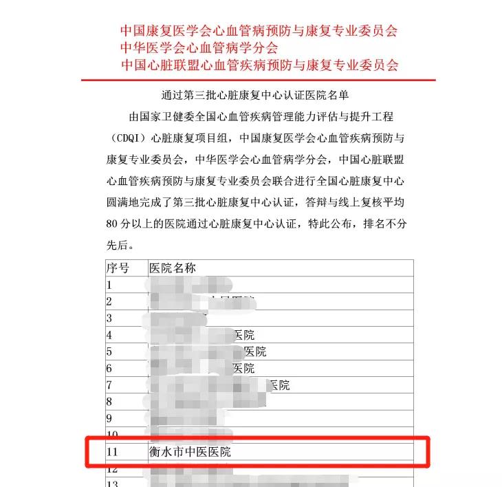 衡水大型医疗康复中心,中国第五批心脏康复中心