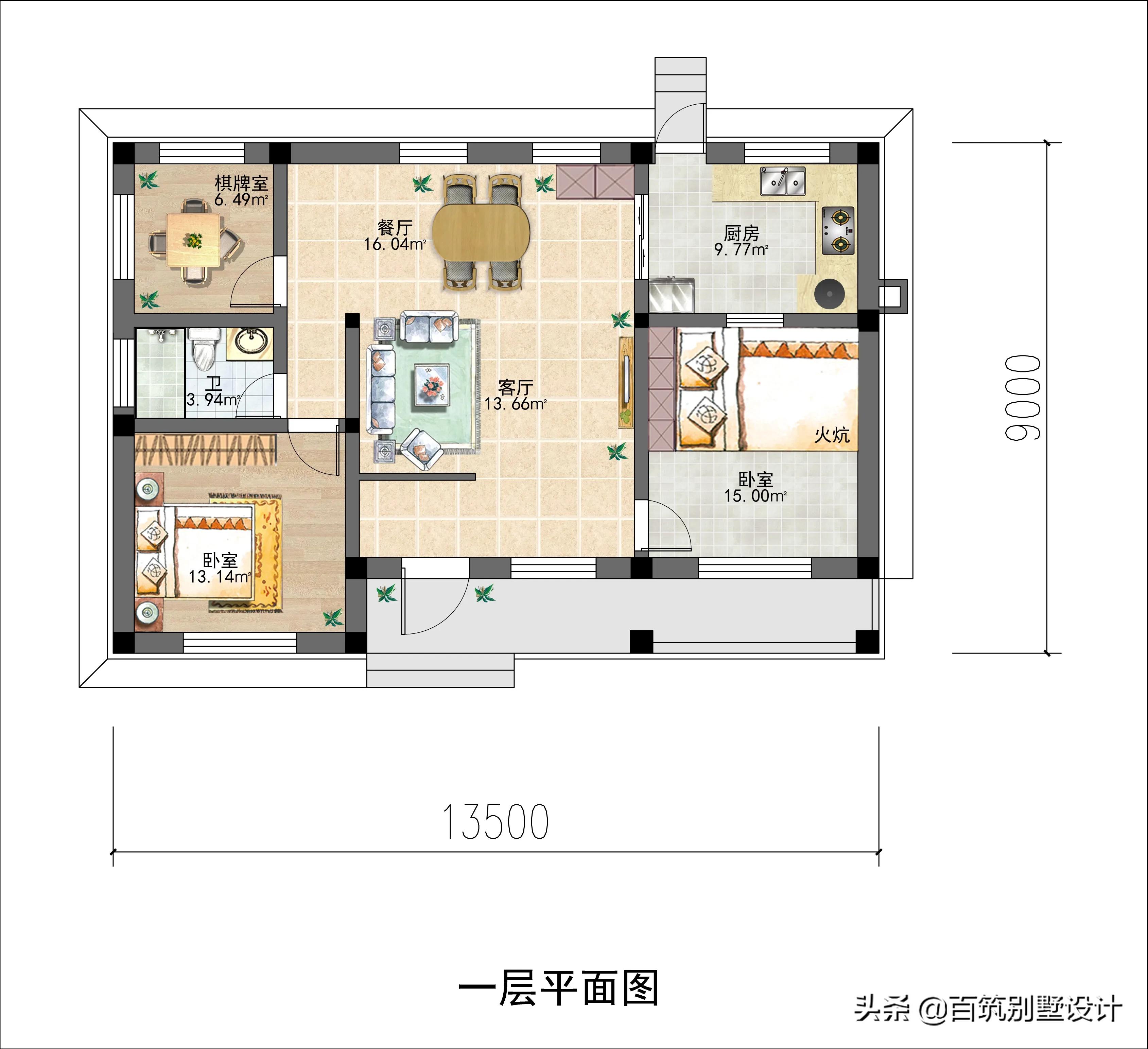 北方农村自建房一层平房带阳光房,北方一层中式小院图纸
