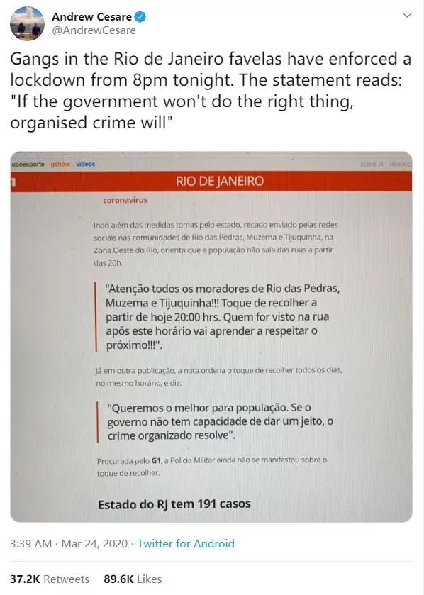 政府抗疫不力，巴西黑帮封城获赞？醒醒，真实黑帮可没这么正能量