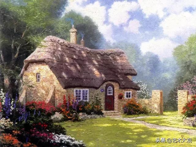 美式欧式田园风光油画,童话里的小屋子绘画