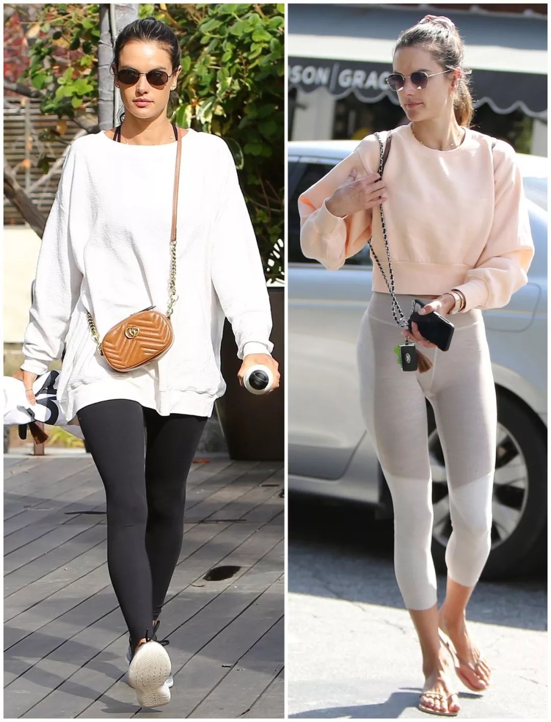 杨幂穿粉色卫衣配紧身运动裤,杨幂穿白色紧身裤穿搭