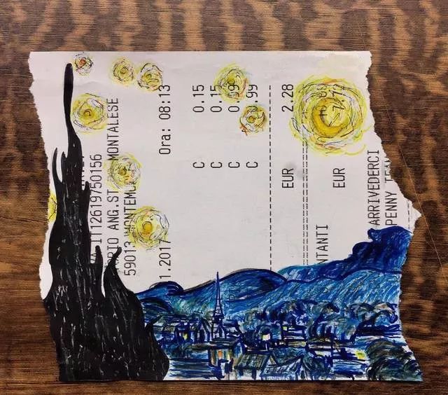 画纸用光了？多去几趟超市就有了。他把购物小票秒变成世界名画