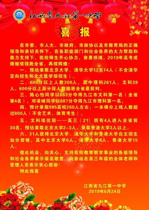 九江一中初中部最新消息,九江一中2019年光荣榜