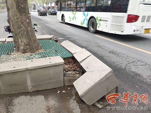 边家村路公交站和西工大路人行天桥西侧有两处花坛被撞破损严重