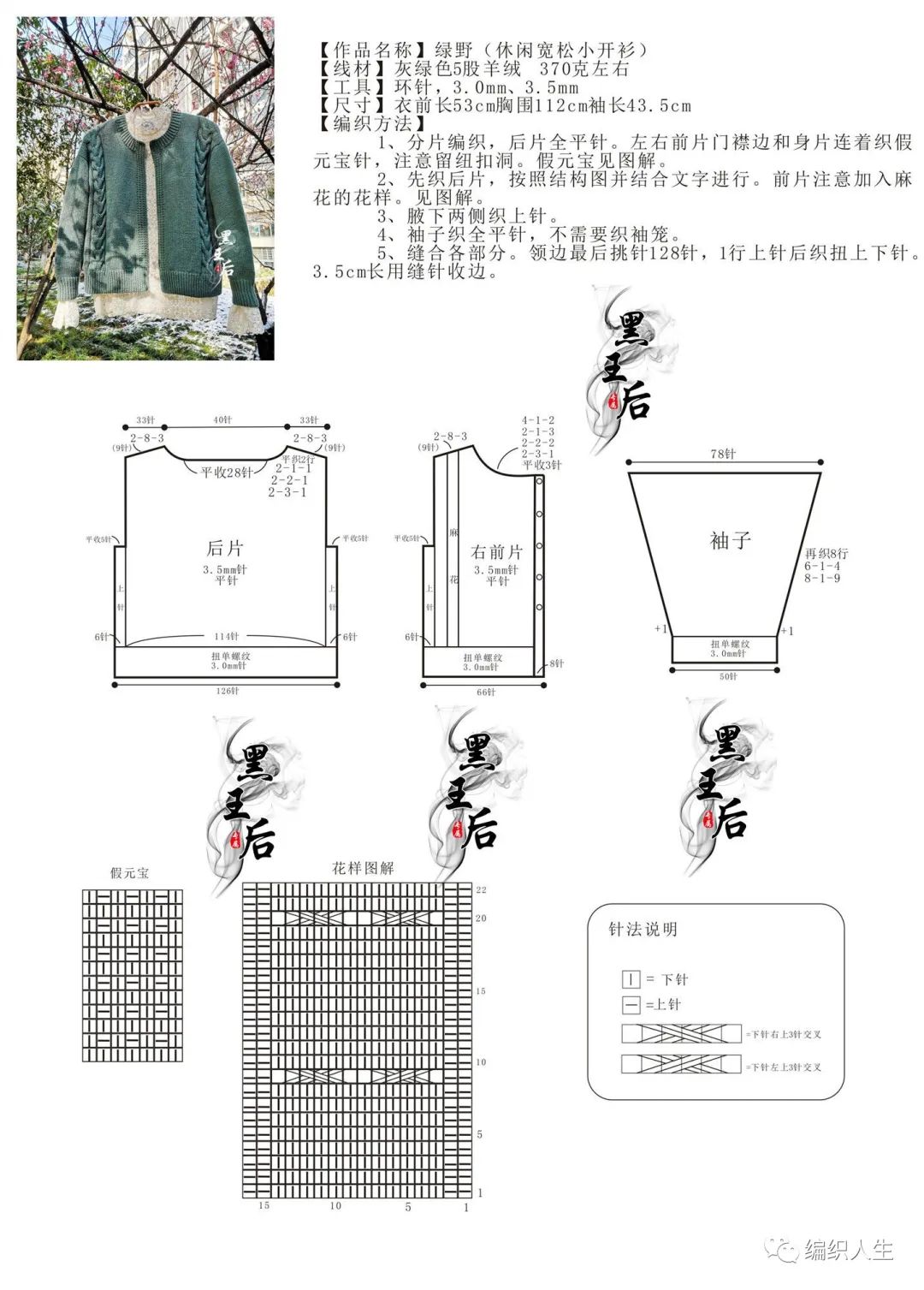 羊绒粗线棒针编织毛衣开衫长款,绿色羊毛线棒针织开衫中长款图解