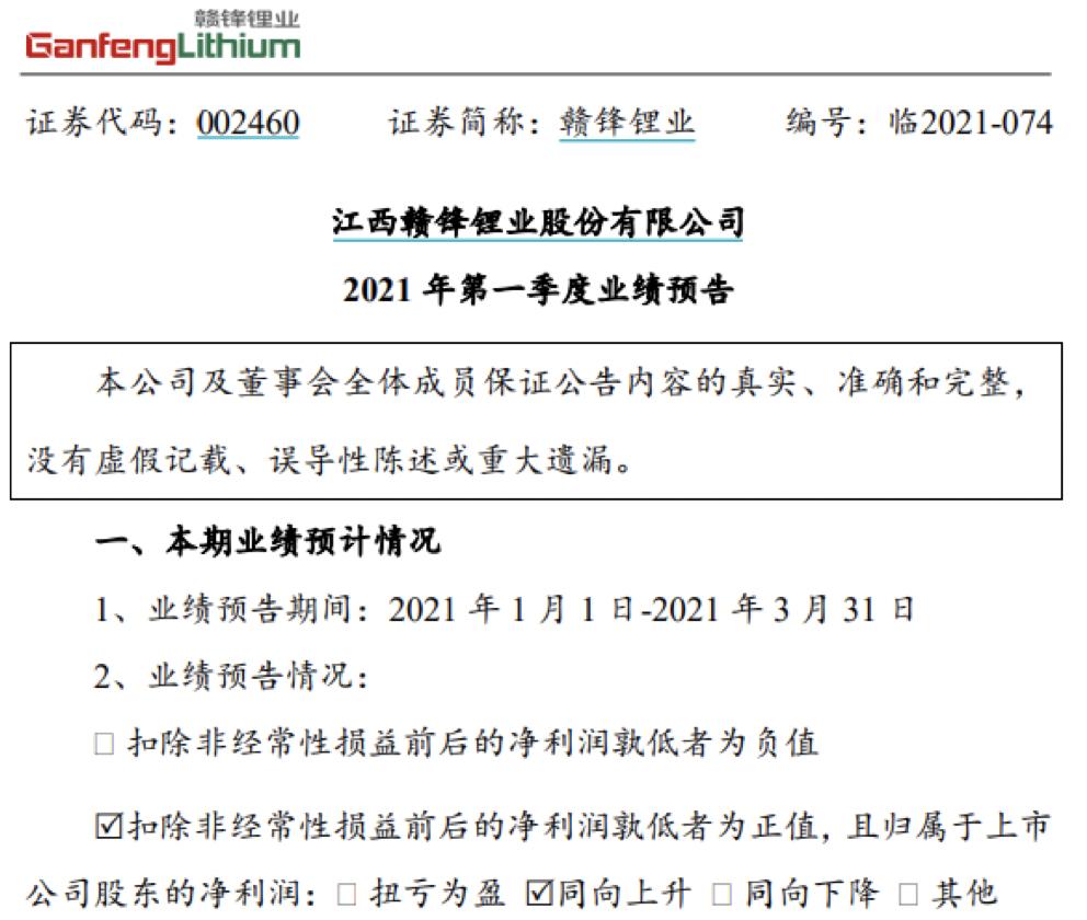 赣锋锂业一季度业绩下跌原因,赣锋锂业第一季度净利润