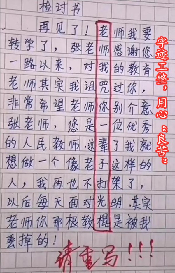 小学生写检讨书玩“文字游戏”，老师一眼看穿：拐着弯骂我，重写