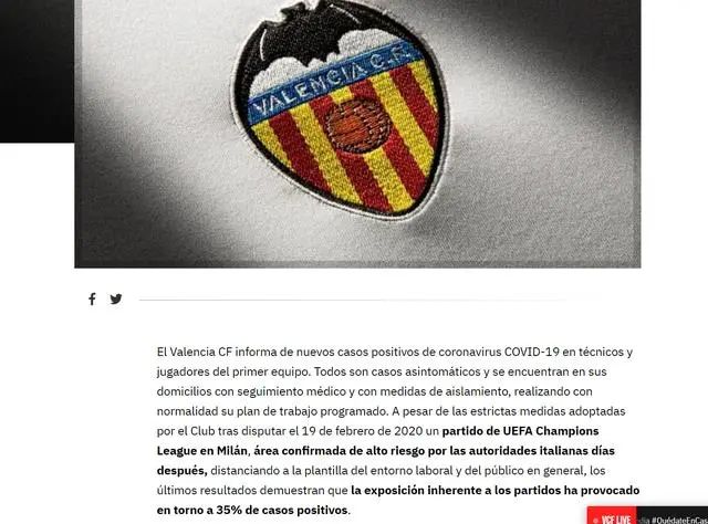 队标有毒！瓦伦西亚35%人员确诊新冠，蝙蝠军团面临重大危机