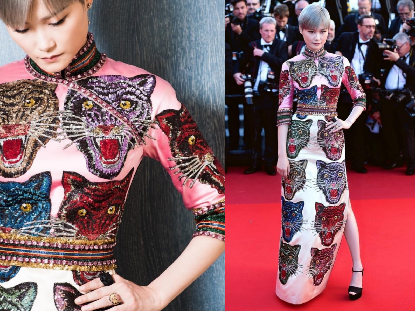 李宇春戛纳红毯黑白套装,李宇春穿高定礼服照