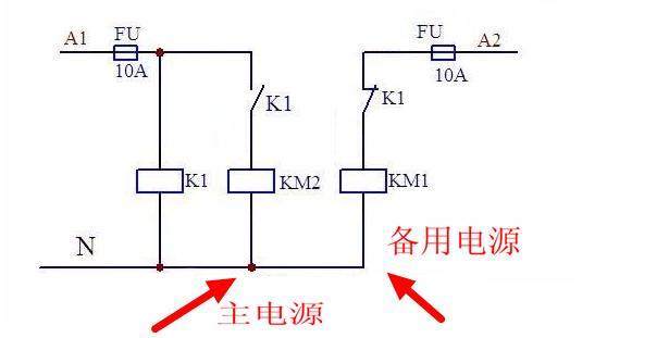 两路电源接触器自动切换电路图,一个接触器五个继电器转换电路图