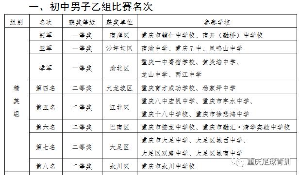 2017年重庆校园足球总决赛,重庆市校园足球总决赛乙组
