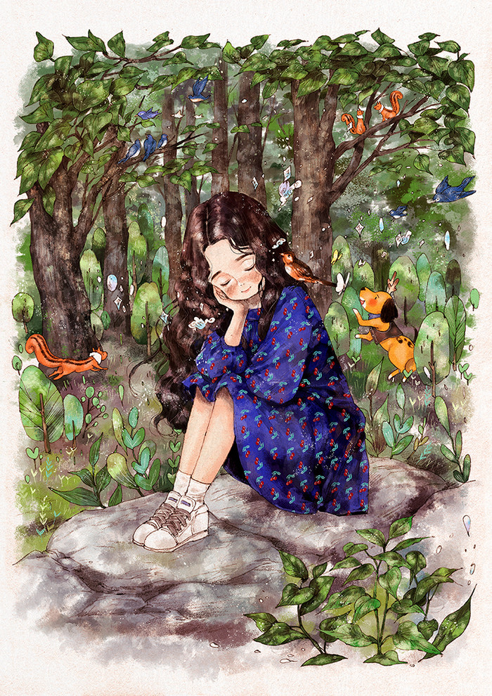 韩国插画师森林女孩日记图文,水彩插画森林女孩日记